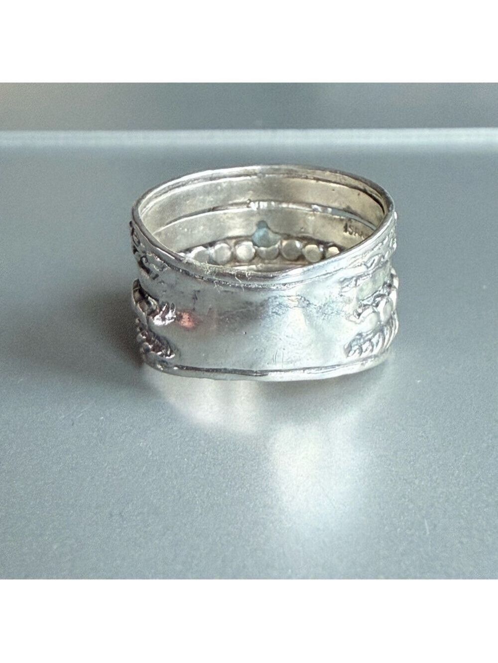 Aquamarine Floral Multiple Textured Detail Ornate Sterling Silver Wide B… - Picture 5 of 9